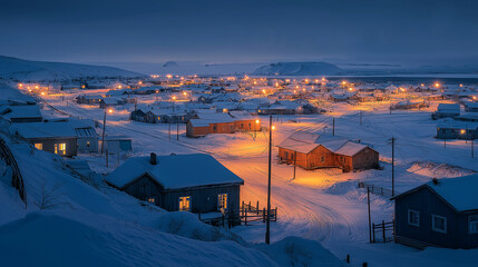 Scenery of Teriberka fishermen village on the shore of the Arctic Ocean at night time. The north of Russia.