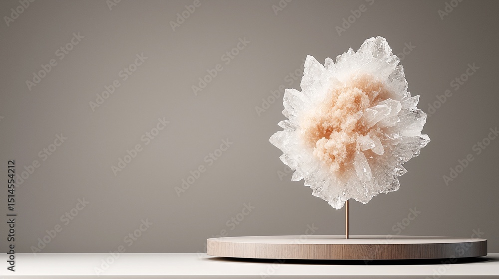 Poster floating crystal object on white platform in studio