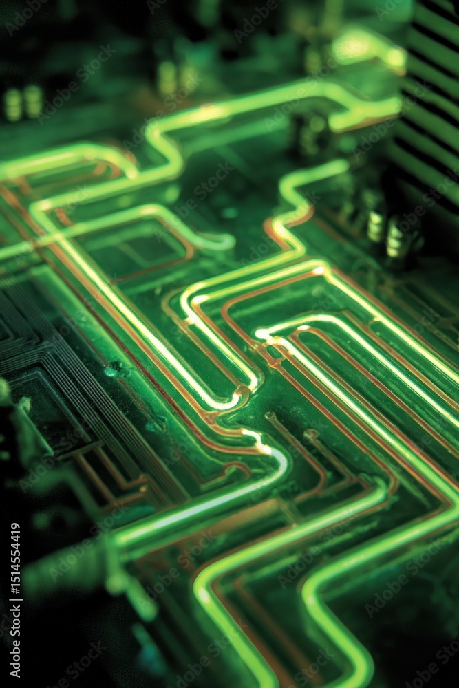 Poster electronic circuit board showing data flowing with green lights