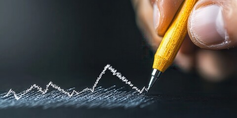A hand holding a yellow pencil draws a jagged line on a dark surface, resembling a fluctuating graph or chart.