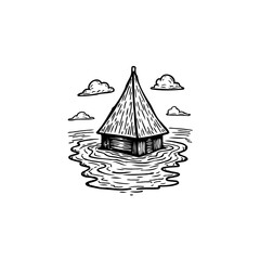 Illustration of a flooded house surrounded by water with clouds in the background