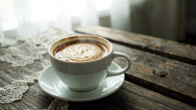 A steaming coffee cup rests on a saucer atop a rustic wooden table alongside a delicate lace doily