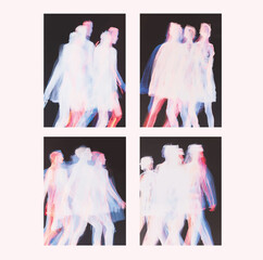 Art series of painted illustrations, afterimage, human movement, concept, dreamlike, motion blur, blurred, people in motion, constant motion, conceptual, set, glitch art, grunge, neon, artistic