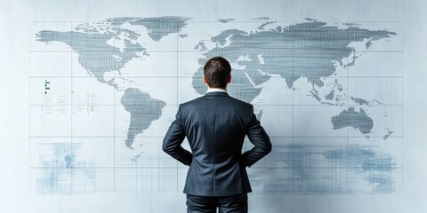 A businessman in a suit stands facing a large world map, contemplating global opportunities and strategies.