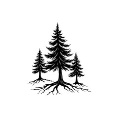 Obraz premium Silhouette Illustration of Evergreen Trees with Exposed Roots on White Background
