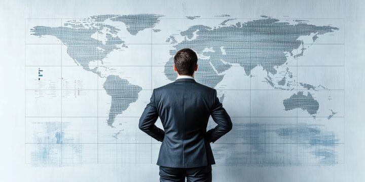 A businessman in a suit stands facing a large world map, contemplating global opportunities and strategies. - Powered by Adobe