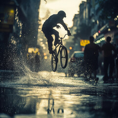 Silhouetted bmx rider jumping over water puddle in a moody urban cityscape