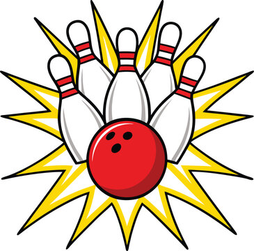 recommend clip art: Illustration of bowling pins and a red bowling ball with a yellow burst on a white background