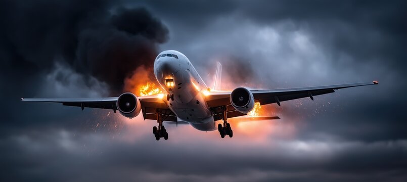 Passenger airplane crashing with engines on fire during storm