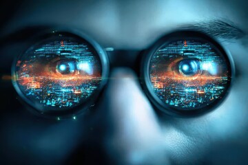 A pair of glasses reflects a digital cityscape and code, symbolizing technology and digital vision.