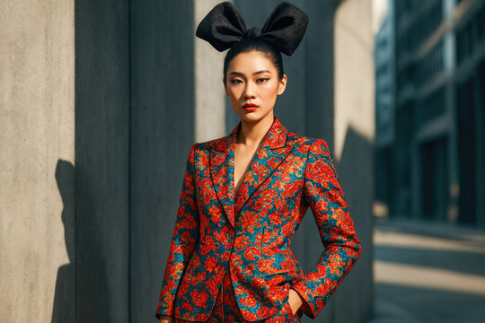 Fashion model wearing colorful suit and big bow in urban setting