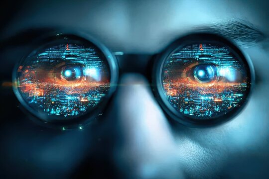 A pair of glasses reflects a digital cityscape and code, symbolizing technology and digital vision.