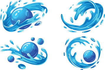 Water splash illustrations in vibrant shades of blue against a pure white background vector