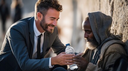 Businessman giving water bottle to homeless person on street
