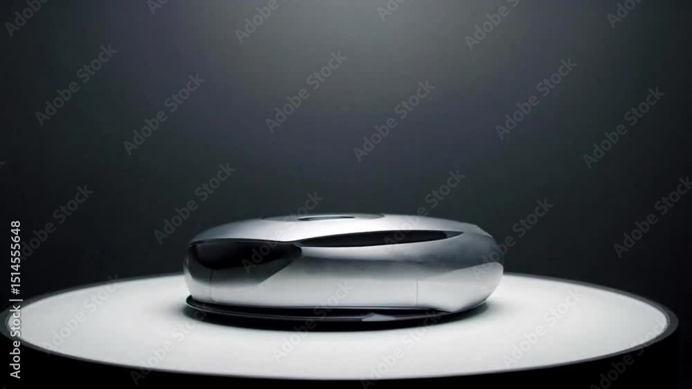 Poster a shiny silver rounded device sits on a white circular surface against a gradient black background