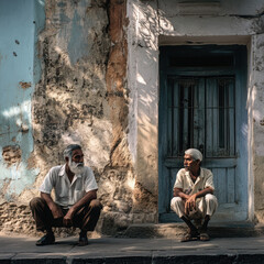 Two elderly indian men squatting near weathered building in india's sunlight