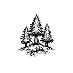 Obraz premium Monochrome Illustration of Three Pine Trees in a Natural Landscape with a Stream