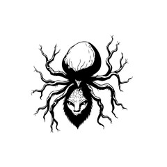 Spider-like creature with a feline face and branch-like legs in black and white sketch