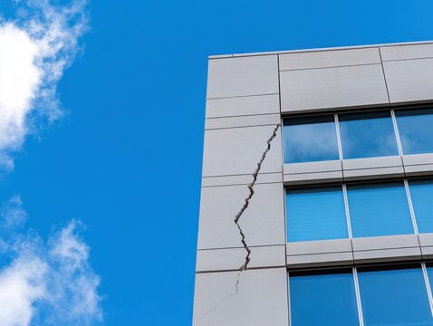 A large crack runs down the side of a modern building, against a vibrant blue sky, suggesting structural damage and potential danger.