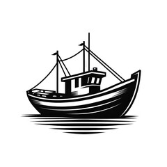 Black and white vector illustration of a small motor fishing boat on a white background.