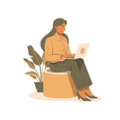 woman sitting, working with laptop illustration