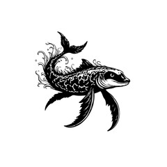 Detailed black and white illustration of a fantastical fish creature drawing