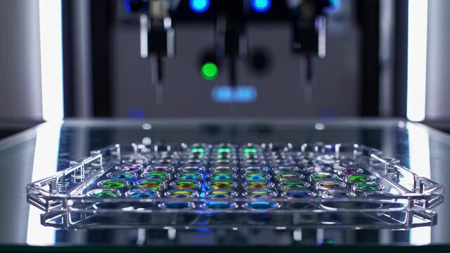 High tech lab device examining multicolored specimen samples, highlighting scientific research workflow with precision instrumentation