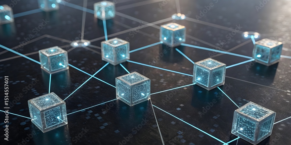 Poster interconnected glowing cubes a digital network visualization with bright blue lines