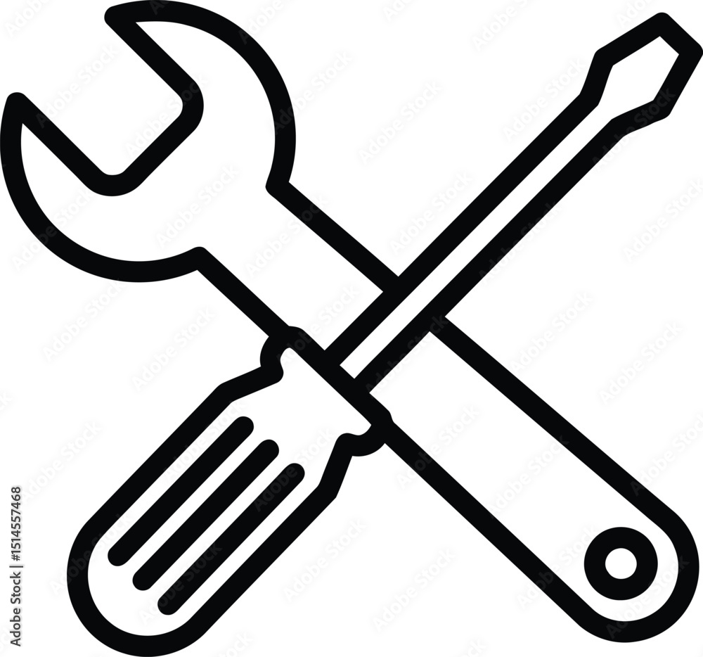 Poster outline wrench and screwdriver cross icon, simple minimalist tools symbol ai generative