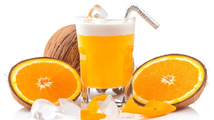 Refreshing Orange Coconut Cocktail Drink with Ice Cubes