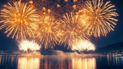 Colorful fireworks light up the night sky over the lake and city. - Powered by Adobe