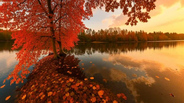 Autumn Serenity Golden Leaves Floating on a Calm Lake at Sunset - 360 loop video