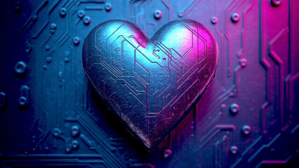 Futuristic metallic heart with circuit pattern on neon lit background for technology and innovation themes with copy space