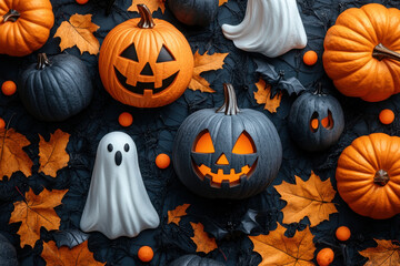 Pumpkins and ghosts for Halloween decoration.