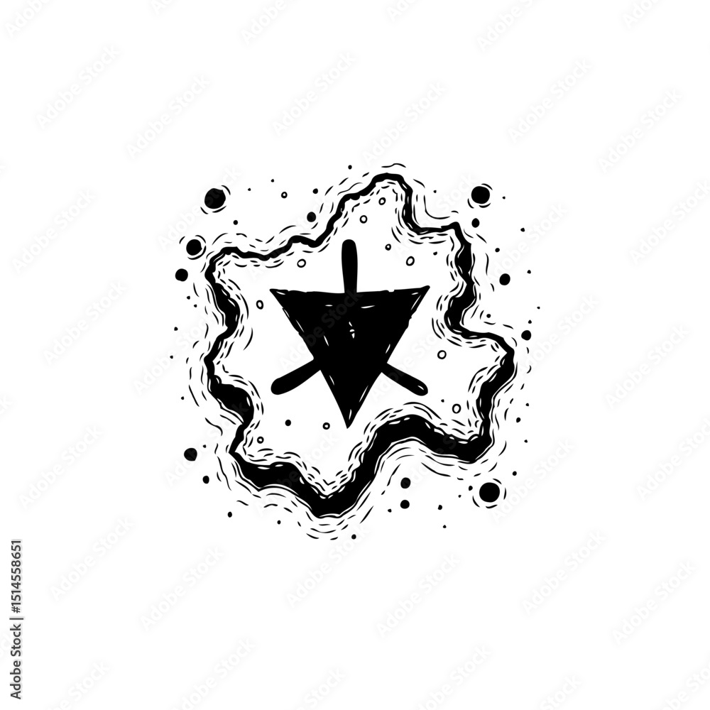 Poster abstract dark vector drawing of triangle symbol with wavy lines and dots