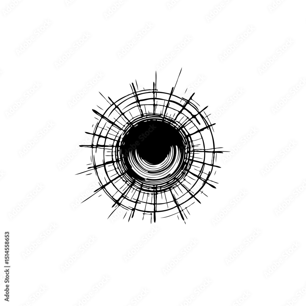 Poster abstract circular design with radiating lines and a central black vortex symbol