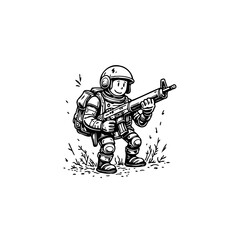 Naklejka premium Cartoon soldier character with rifle, black and white vector illustration