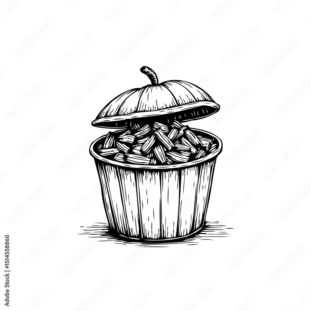 Poster hand-drawn illustration of a container with lid full of small rectangular objects