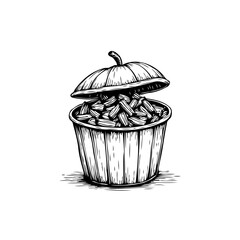 Hand-Drawn Illustration of a Container with Lid Full of Small Rectangular Objects