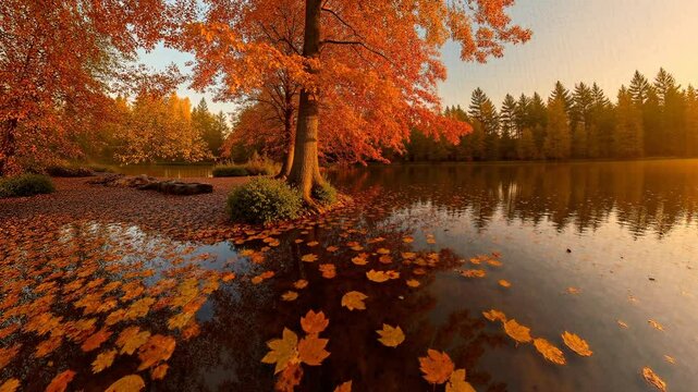 Autumn Serenity Golden Leaves Floating on a Calm Lake at Sunset - 360 loop video