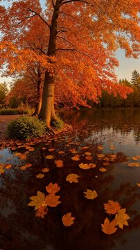 Autumn Serenity Golden Leaves Floating on a Calm Lake at Sunset - 360 loop video