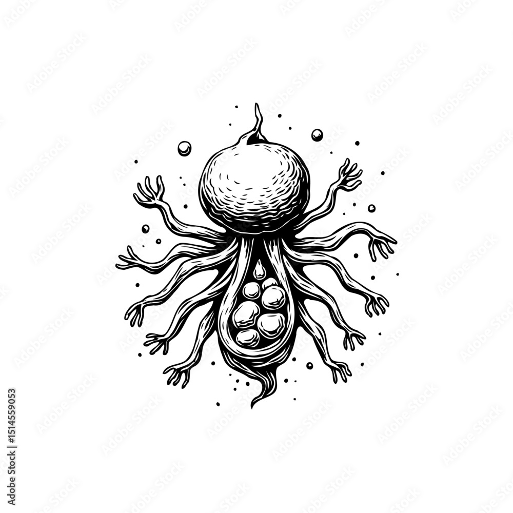 Poster intricate hand-drawn illustration of a mythical creature with multiple limbs and texture