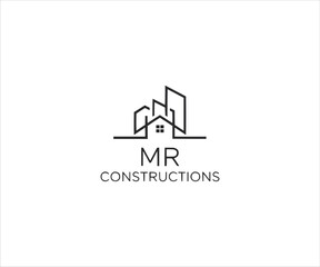 MR Construction Logo: A sleek, modern logo design for a construction business, featuring an abstract representation of buildings, and the company initials, embodying innovation, reliability.