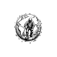 Astronaut on the Earth in Sketch Style Graphic Illustration, Adventure Theme