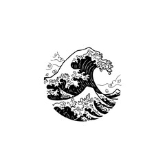 Monochromatic Japanese Wave Illustration Capturing Ocean's Power and Artistic Design