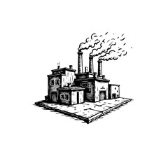 Monochrome illustration depicting a factory with smoking chimneys, environmental issue