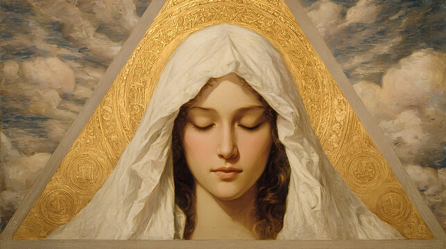 fine art reproduction for visionary collection | sacred femininity | divine serenity | celestial gold and ivory | trinitarian framing | celestial triangles | cosmic aureole effect | smooth brushwork