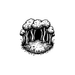 Monochrome forest illustration with dense trees and foliage creating a tranquil ambiance