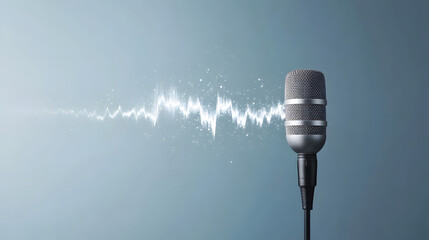 Microphone with voiceover soundwave fade effect on blue background, representing audio recording and sound technology in modern and dynamic style