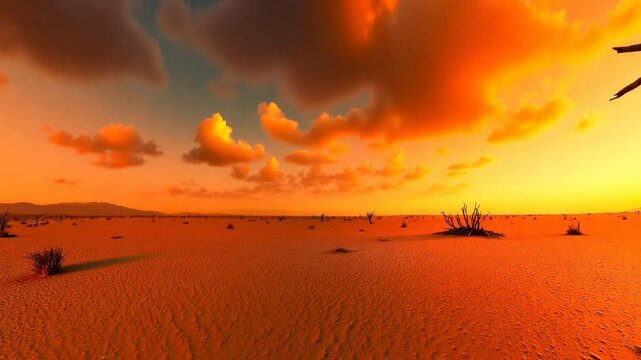 Concept image of climate change, with a lone dead tree in a cracked desert under a fiery sunset - 360 loop video